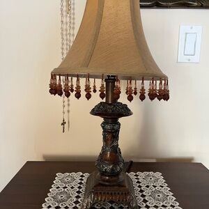 Elegant Tan Table Lamp with Beaded Fringe